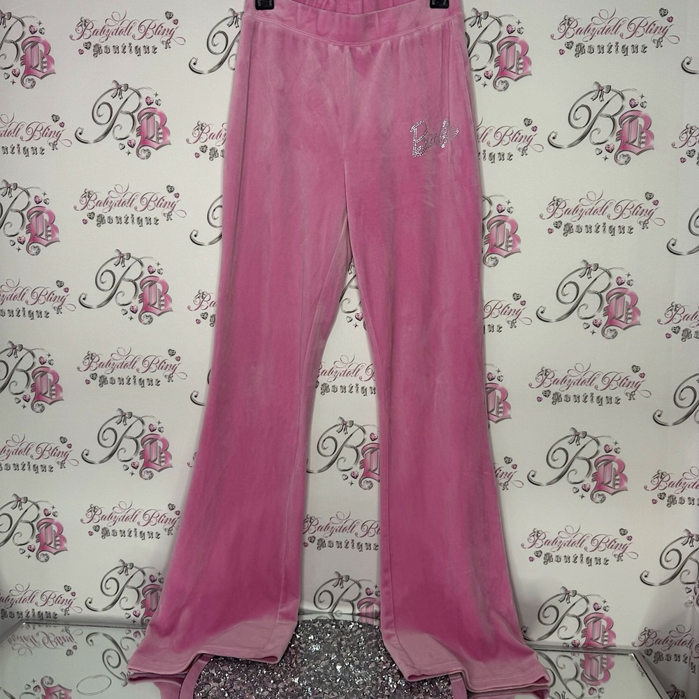 Barbie pants velvet pink bubblegum color luxurious soft sweet logo bling detail